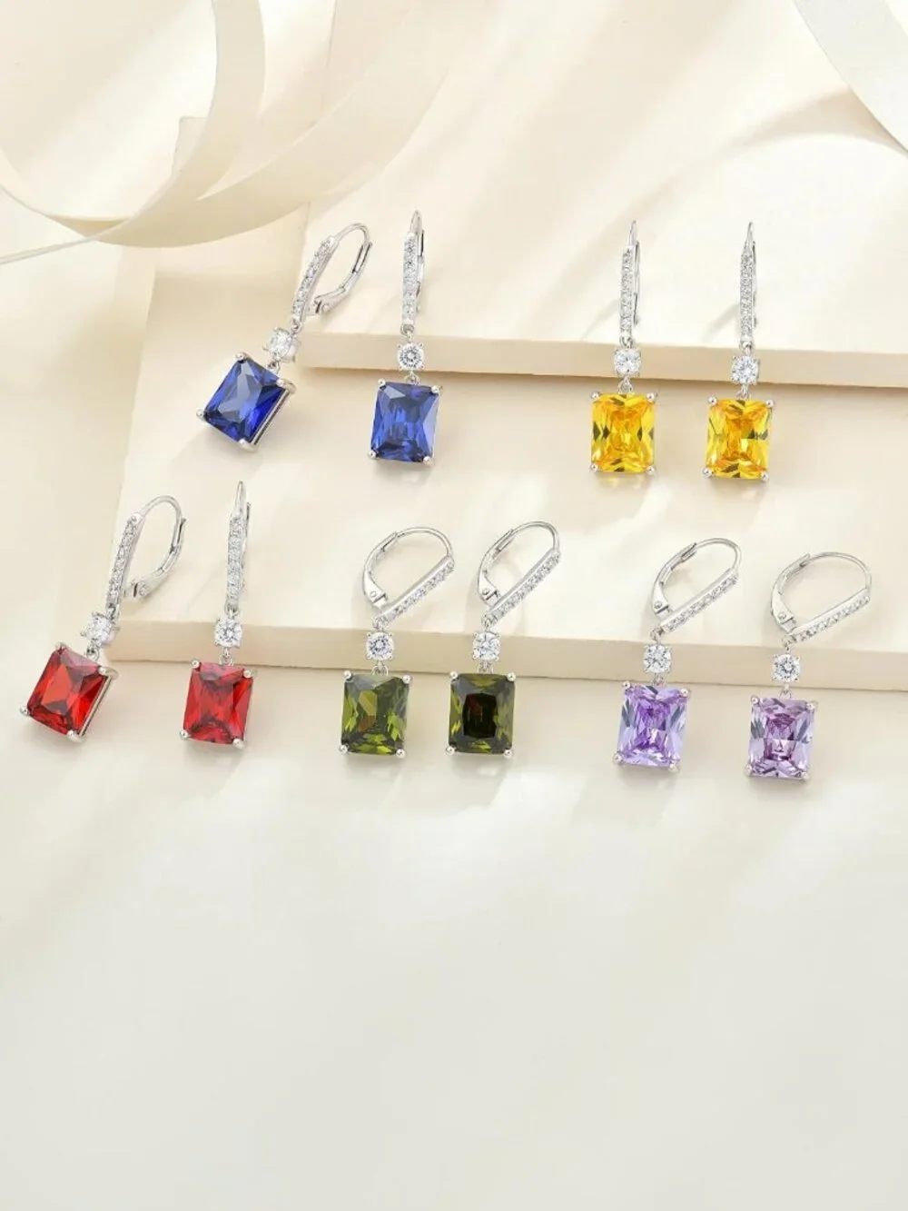 Emerald Cut Dangle Earrings for Women, 925 Sterling Silver, Birthstone Halo